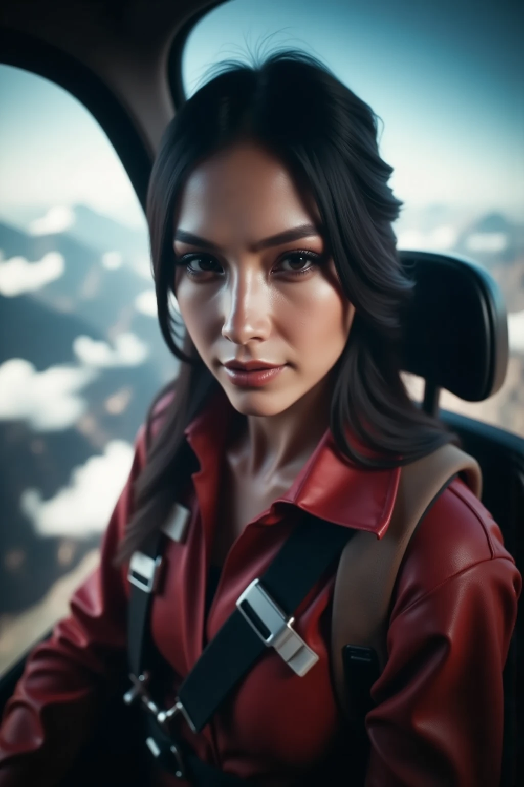 Woman in a helicopter floating in the air, Looking down while wearing safety gear and preparing for rappelling, delicate facial expression,Determined attitude,Spectacular scenery with the sky in the background, Fantastic natural lighting, detailed description, High resolution realistic rendering, Dramatic colors and tones, Professional looking like a photo, 4K ultra high definition,HDR,Extremely Detailed Description,realistic texture