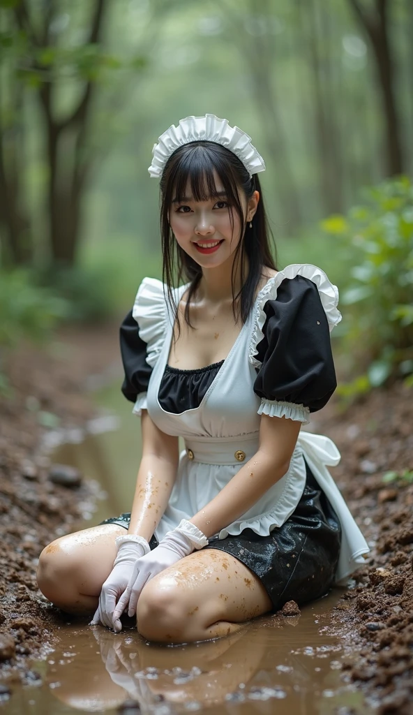 A girl wearing blue angel wings, sunlight shining on her face, eyes looking straight ahead, tulips in her hair, skin as white as a peeled egg, long black hair in pigtails, and a pair of breasts. seductively large and covered with a purple bra, wearing a short purple dress, standing in a muddy pond
