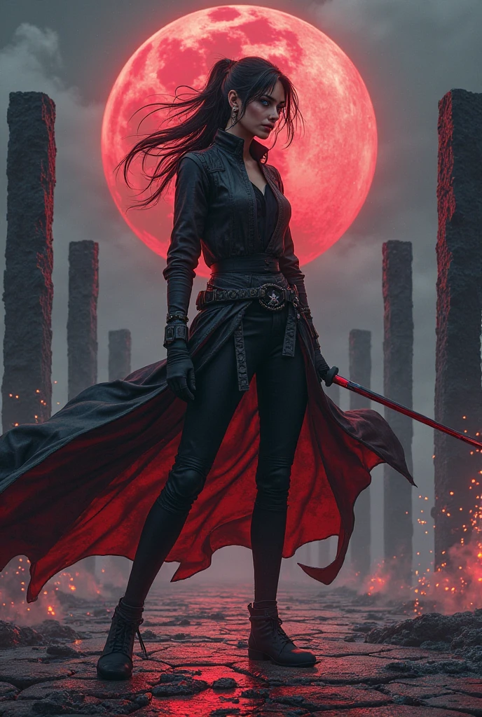 A captivating noir-style illustration of a female ninja warrior warrior, reminiscent of a female manga character by Taite Kubo. She exudes confidence and arrogance with her dagger, she points her dagger towards the camera in an intimidating manner, ready for action. The realistic shading highlights her curves, elongating her legs and accentuating her hourglass figure. Against the backdrop of mist and a dimly lit entrance to a Japanese temple, the rising sun casts a warm, inviting glow over the damp landscape. The blurred mountain landscape adds depth, while the backlight creates a dramatic atmosphere of intrigue and danger. The SLR's exceptional lighting and shadows accentuate the realistic features, while the cinematic close-up lighting highlights the intricate details of her elaborate makeup. Shot with Unreal Engine 5 and high-speed photography, DSLR, Nikon D750, cinematic and impressive,
