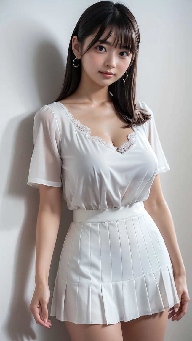 Una mujer bonita, vestido con camisa blanca, retrato de cuerpo completo, Bonita cara perfecta con cara perfecta, Concepto hiperrealista, 8K resolution, photographic quality, posando para una foto, foto realista,