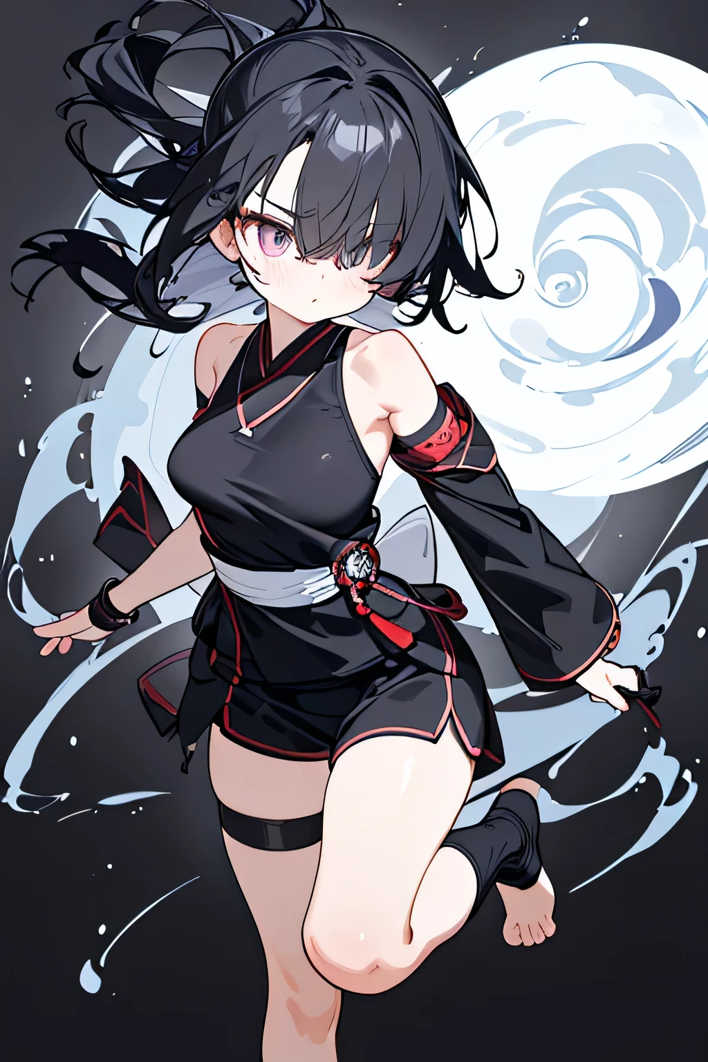 NINJA WIND,((Hair covering one eye)),Mysterious Atmosphere, natural body,(Ninja costume+shorts,), socks,detailed clothes,(slender figure,marshmallow breasts ,),beautiful black hair,well-groomed face,Clear Skin,middle school students,Fair skin,Japanese face,