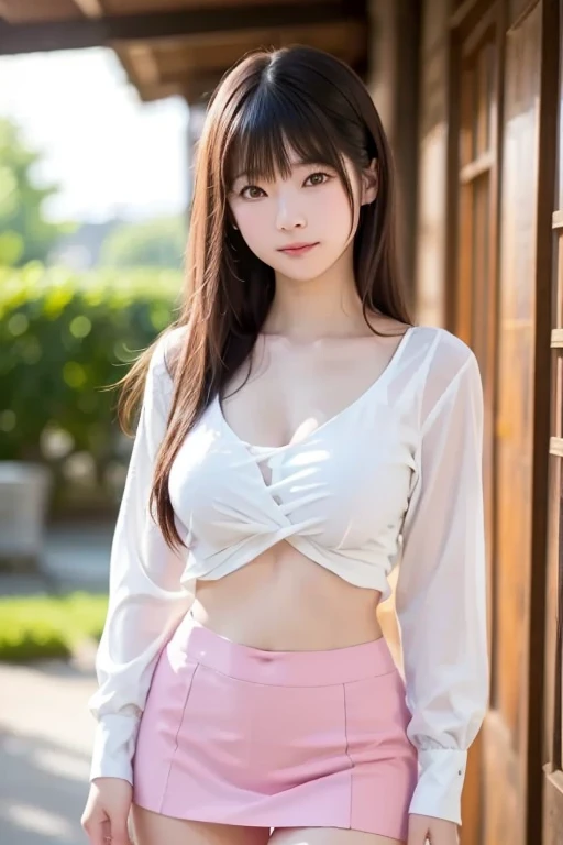 Innocent 18 year old girl、((flare miniskirt,white t-shirts,Dramatic poses)),Smile,short-cut,Park background、Raw photo, (8K、top-quality、​masterpiece:1.2)、(intricate detailes:1.4)、(Photorealsitic:1.4)、octane renderings、Complex 3D rendering ultra detail, Studio Soft Light, Rim Lights, vibrant detail, super detailing, realistic skin textures, Detail Face, Beautiful detail eyes, Very detailed CG Unity 16k wallpaper, make - up, (detailedbackground:1.2), shinny skin, Full body、From head to thigh、cleavage of the breast,((pulling the hands up,Sit on a bench with both legs open))