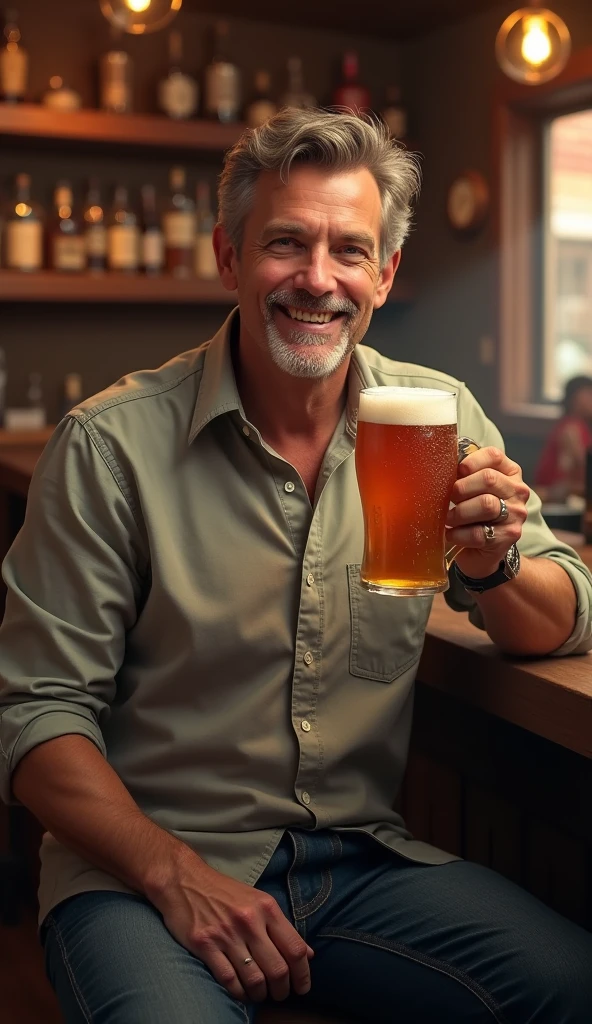 A man with a beer in his hand sitting on a chair in front of a bar