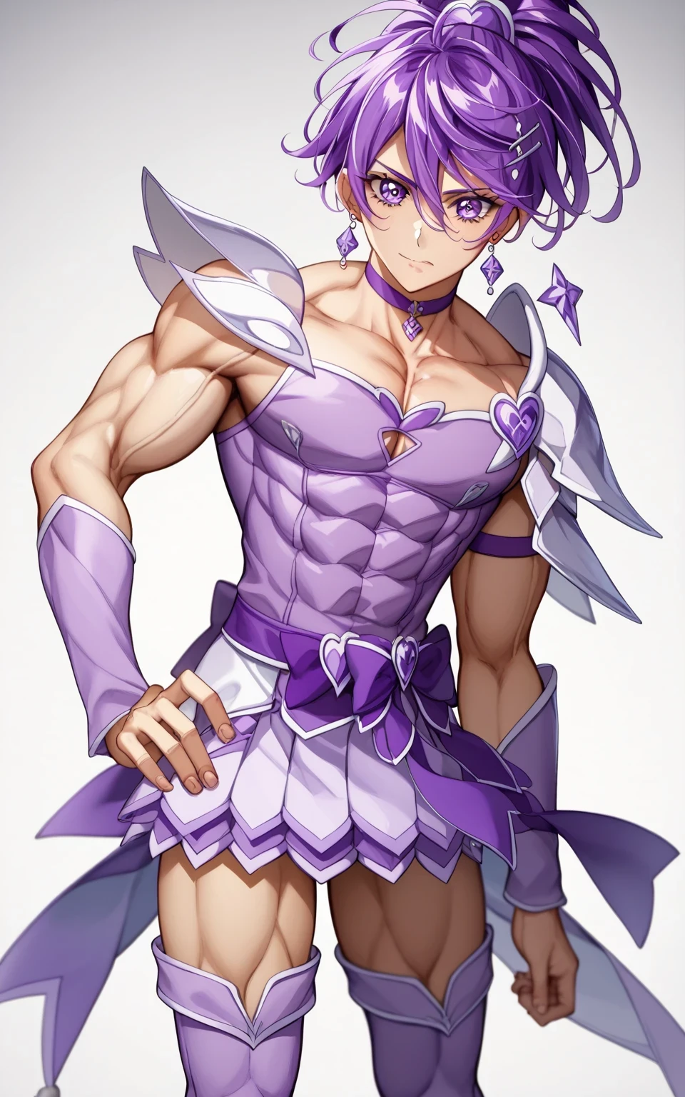 score 9 、score 8 up、score 7 up、source anime、masterpiece、best quality、high resolution、anime coloring、1boy、cure sword、(male:1.olo、close up of a cartoon boy in a purple dress、 Boy with short purple hair、With Sparkling Purple Eyes 、high short ponytail hair、spade shape hair ornament、solo、 Prince of Amethysts 、Anime Prince 、 purple miniskirt、collarbone、trapezius、white shoulder pads、 purple arm warmers、purple detached sleeves、purple waist bow、Bare Thighs、thigh muscles、semitendinosus muscles、covered hamstrings、covered adductor magnus muscles、purple thigh high boots、Official Character Art、style of Magic Boy、masculinization、Magic Boy、 Official Fanart、 !!full body portrait!!、 Magic Boyのスタイル、 hymn to the king as prince 、 MLP fan art 、cure sword outfit、Detailed Fanart、 Magical Aura、 high resolution、 commission for high resolution 壁紙!、boy in purple dress、boy in purple boots、素敵なドレスを着た Anime Boy 、(manly:1.6)、Official Art、 Anime Boy 、 male focus、looking at viewer、solo focus、cowboy shot、(male body:1.6)、