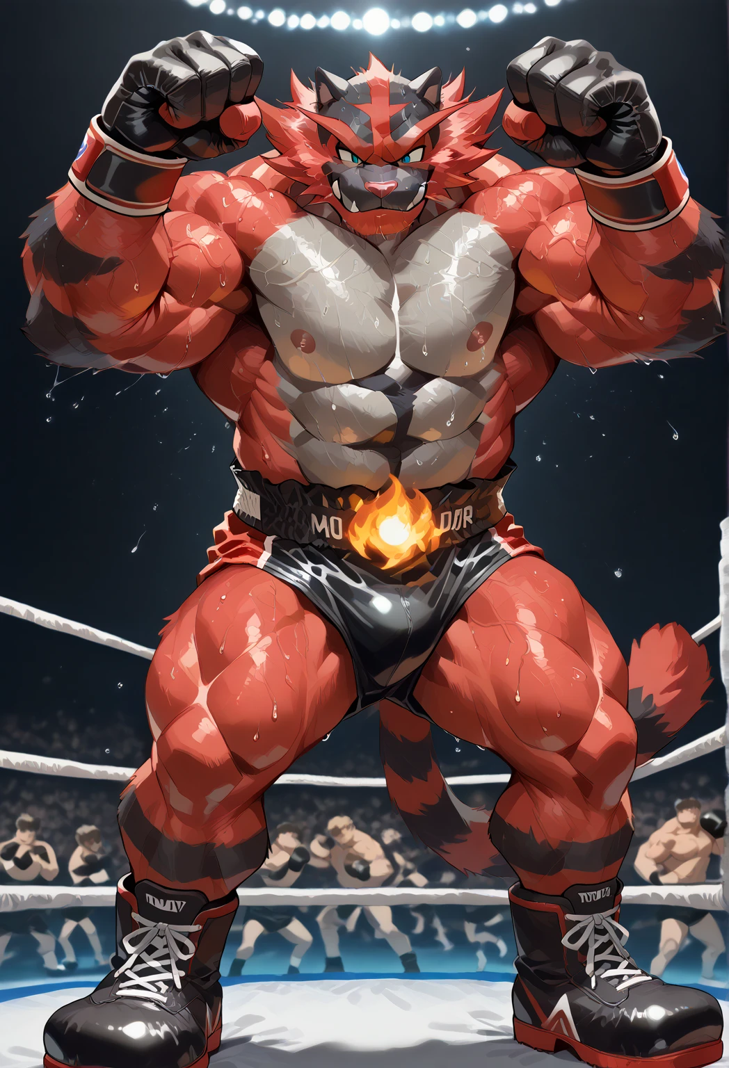 Glamrock overly muscular adult Freddy wears a red thong and shoulder pads of the same color sweaty in the GYM flexing his muscles with a sexy and flirtatious self-confident look