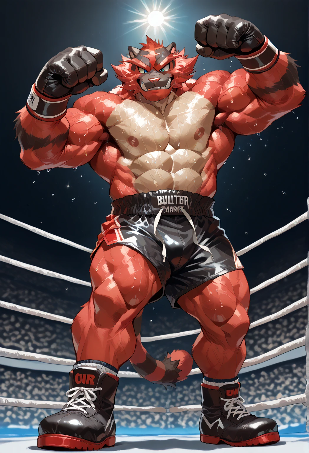 4K, masterpiece quality, pov_boxing, wildly Looking down on the losers, black boxing shoes, red boxing gloves, black boxing shorts with gold embrems, bulge, full body, depth of field, boxing, wildly posing with his chest out, fist pump pose with arms rising high, boxing ring background at midnight, Incineroar heavywait boxing champion, gay, furry male, pubes, black public hair, bulging heavy muscular, powerful muscles with protruding veins, wildly looking down on loser, bold expression, roaring triumphantly, bravely eyes, large pectorals, sweaty body, Angle of the loser looking up from directly below, steam, wearing red boxing gloves,