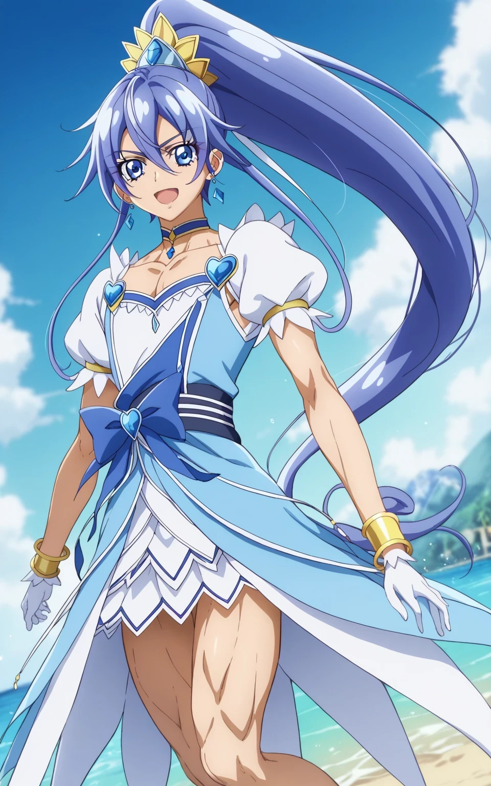 score 9 、score 8 up、score 7 up、source anime、masterpiece、best quality、high resolution、anime coloring、1boy、cure diamond、(male:1.olo、close up of a cartoon boy in a blue dress、 Boy with long blue hair、 With Shining Blue Eyes 、high long ponytail hair、dia shape hair ornament、solo、 Prince of Sapphire 、Anime Prince 、 blue miniskirt、collarbone、trapezius、white puffy sleeves、white gloves、yellow bracelet 、blue waist bow、Bare legs、Bare Thighs、thigh muscles、semitendinosus muscles、hamstrings、adductor magnus muscles、white high heels、Official Character Art、style of Magic Boy、masculinization、Magic Boy、 Official Fanart、 !!full body portrait!!、 Magic Boyのスタイル、 hymn to the king as prince 、 MLP fan art 、cure diamond outfit、Detailed Fanart、 Magical Aura、 high resolution、 commission for high resolution 壁紙!、Boy in a blue dress、white high heelsを履いた男の子、素敵なドレスを着た Anime Boy 、(manly:1.6)、Official Art、 Anime Boy 、 male focus、looking at viewer、solo focus、cowboy shot、(male body:1.6)、