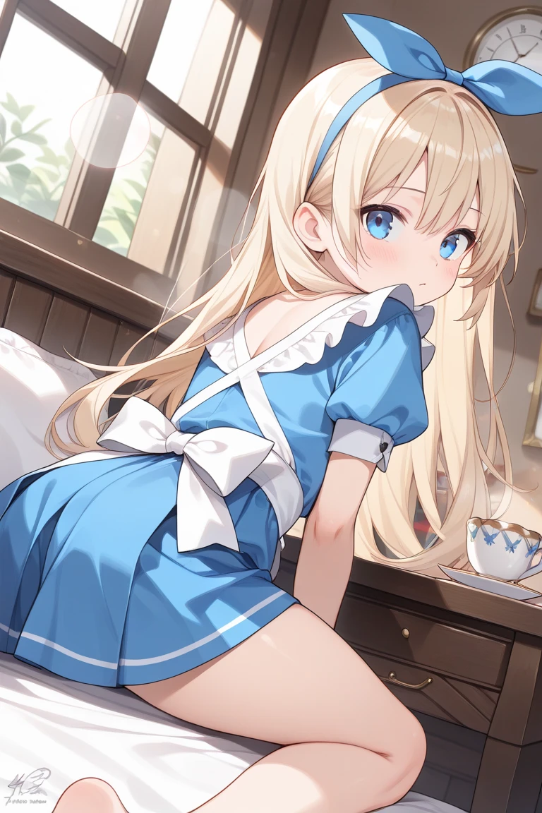 (masterpiece、top-quality;1.3)、ighly detailed、1girl in、looking at the viewers、POV、atlibrary、alice liddell、a blue dress、White Apron、Black Hair Band、Blonde long hair、big breast beauty、I can see the pants、bra very、Opening legs