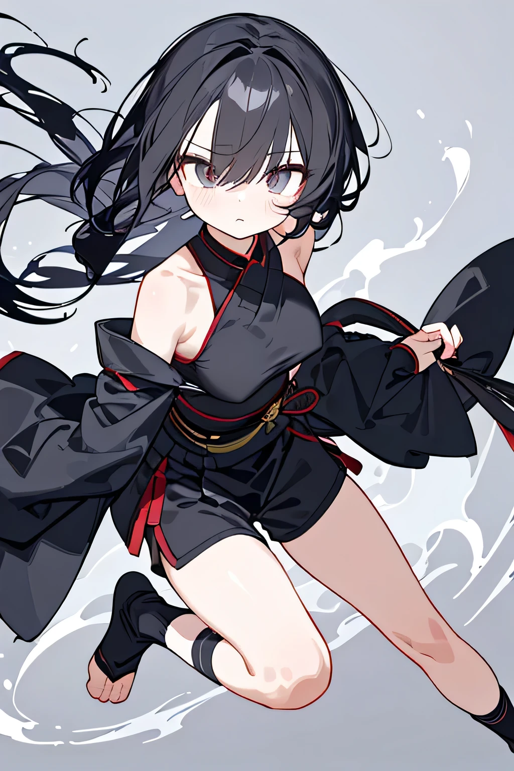 NINJA WIND,（（Hair covering one eye）），Mysterious Atmosphere， natural body，（shorts＋Ninja costume，）， socks，detailed clothes，（slender figure，marshmallow breasts ，），beautiful black hair，well-groomed face，Clear Skin，middle school students，Fair skin，Japanese face，