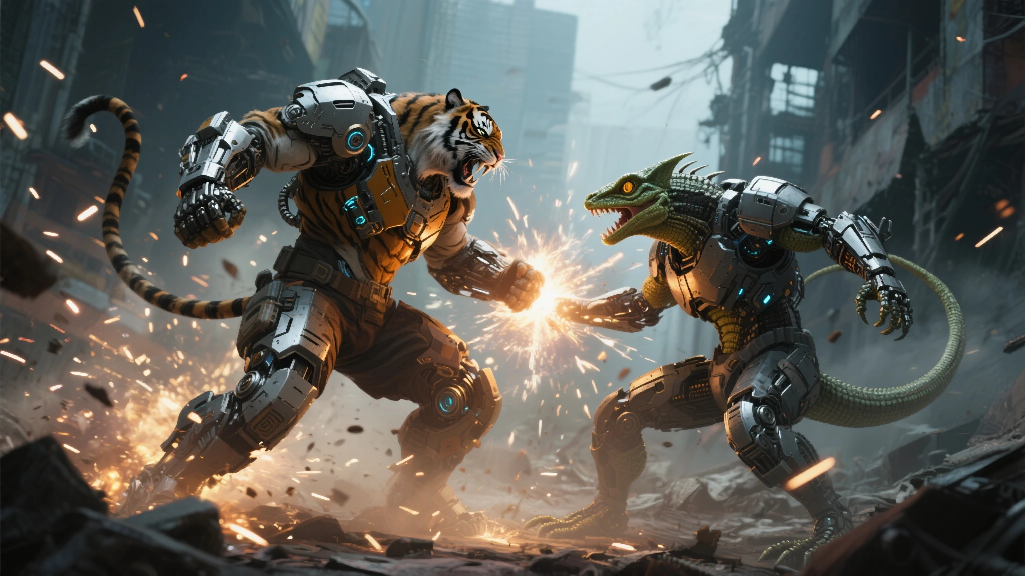 Semi-mechanized tiger man fighting a semi-mechanized lizard-man must be experiencing a fierce battle ~ This scene is incredible.