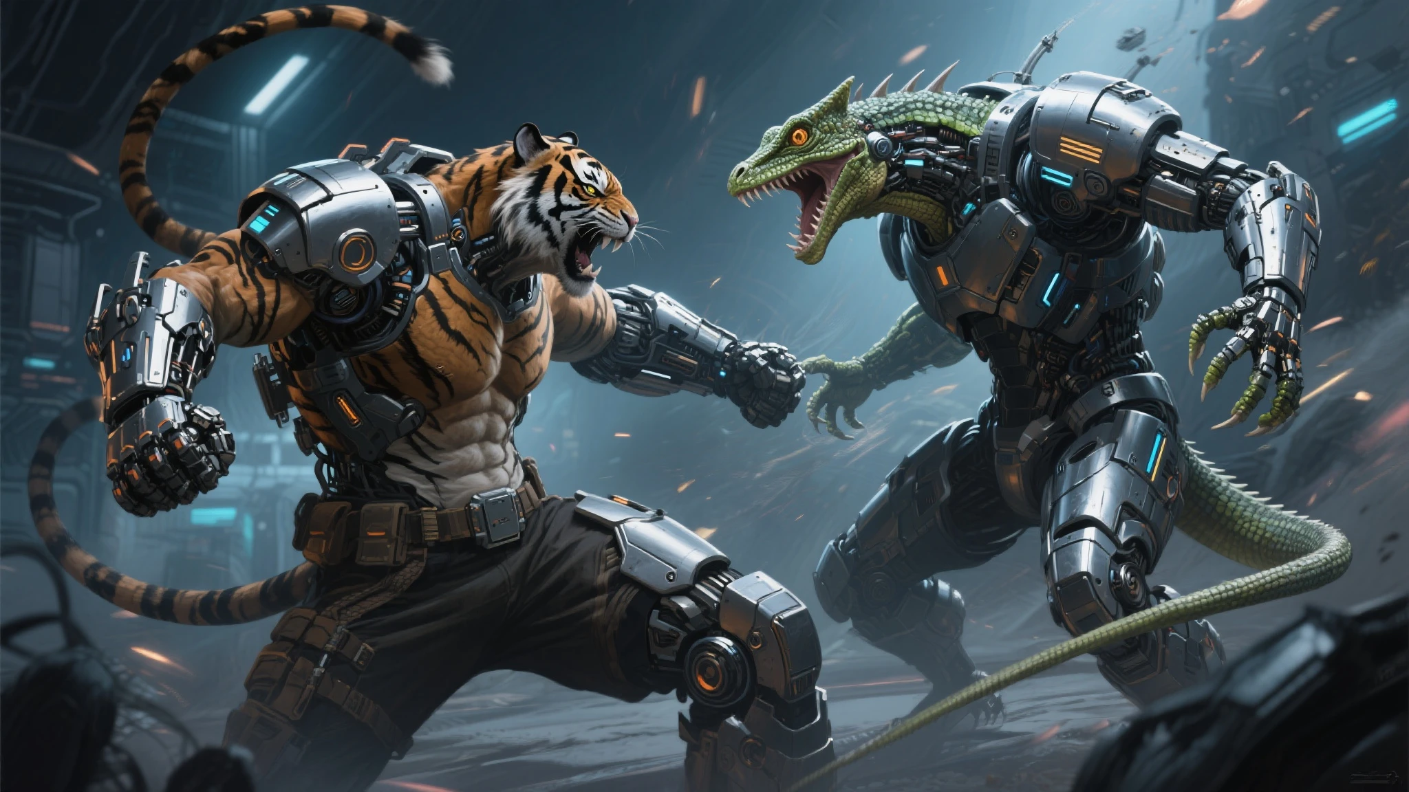 Semi-mechanized tiger man fighting a semi-mechanized lizard-man must be experiencing a fierce battle ~ This scene is incredible.