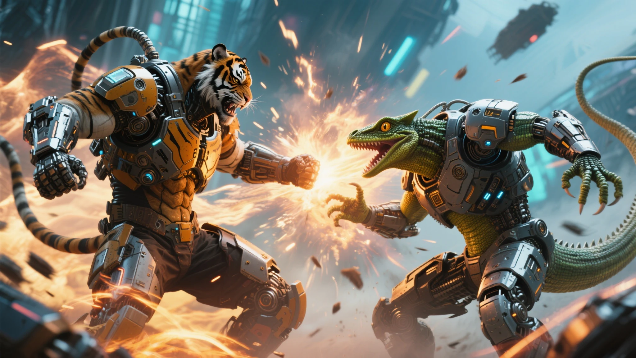 Semi-mechanized tiger man fighting a semi-mechanized lizard-man must be experiencing a fierce battle ~ This scene is incredible.