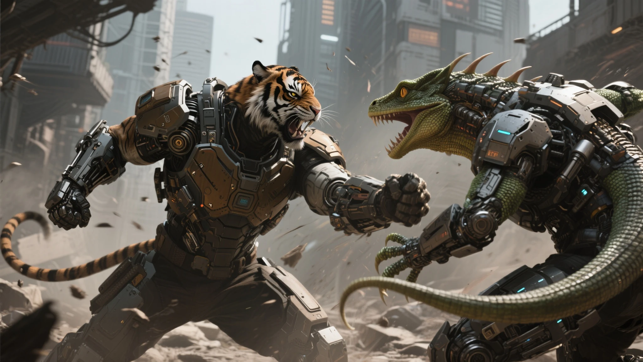 Semi-mechanized tiger man fighting a semi-mechanized lizard-man must be experiencing a fierce battle ~ This scene is incredible.