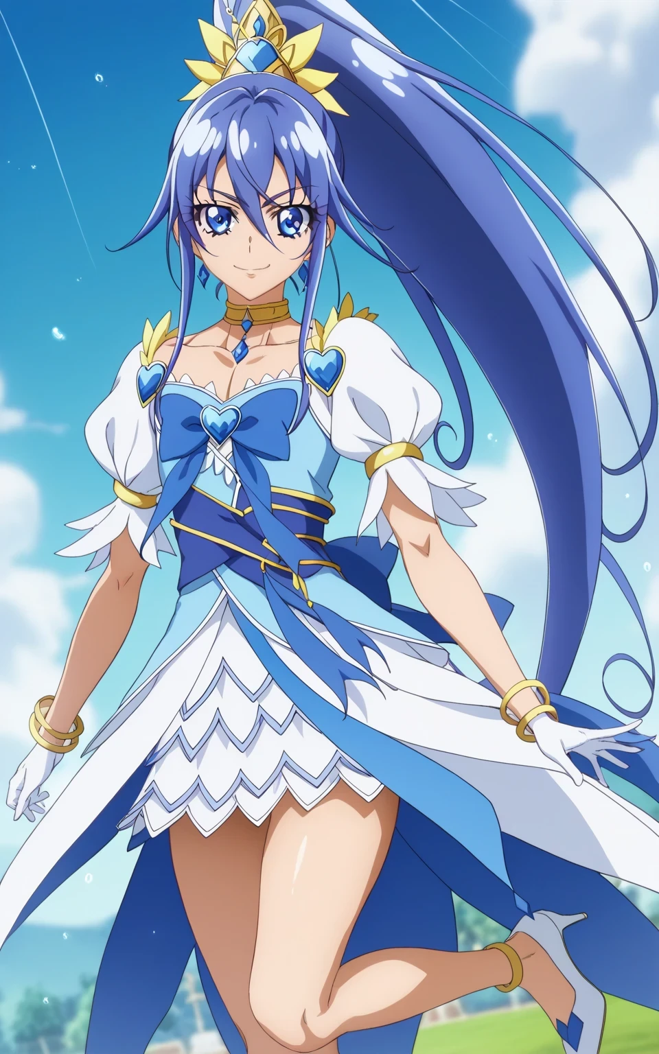 score 9 、score 8 up、score 7 up、source anime、masterpiece、best quality、high resolution、anime coloring、1boy、cure diamond、(male:1.olo、close up of a cartoon boy in a blue dress、 Boy with long blue hair、 With Shining Blue Eyes 、high long ponytail hair、dia shape hair ornament、solo、 Prince of Sapphire 、Anime Prince 、 blue miniskirt、collarbone、trapezius、white puffy sleeves、white gloves、yellow bracelet 、blue waist bow、Bare legs、Bare Thighs、thigh muscles、semitendinosus muscles、hamstrings、adductor magnus muscles、white high heels、Official Character Art、style of Magic Boy、masculinization、Magic Boy、 Official Fanart、 !!full body portrait!!、 Magic Boyのスタイル、 hymn to the king as prince 、 MLP fan art 、cure diamond outfit、Detailed Fanart、 Magical Aura、 high resolution、 commission for high resolution 壁紙!、Boy in a blue dress、white high heelsを履いた男の子、素敵なドレスを着た Anime Boy 、(manly:1.6)、Official Art、 Anime Boy 、 male focus、looking at viewer、solo focus、cowboy shot、(male body:1.6)、