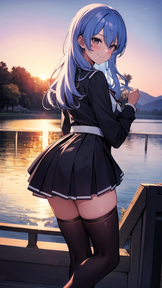 realistic image, detailed image, coherent image, 1 beautiful girl, she has very long hair, light blue hair, blue eyes, smiling expression. She is wearing a strapless top, showing her navel, a thin thong, a pleated miniskirt, sneakers, She has a curvy body, medium breasts and thick thighs, She is standing, legs crossed, arching her back, surrounded by bottles of alcohol , background of a mountainous landscape, flower petals falling around, sunset, twilight, Soft focus, full body view, Dramatic shadows, Volumetric lighting, natural lighting,