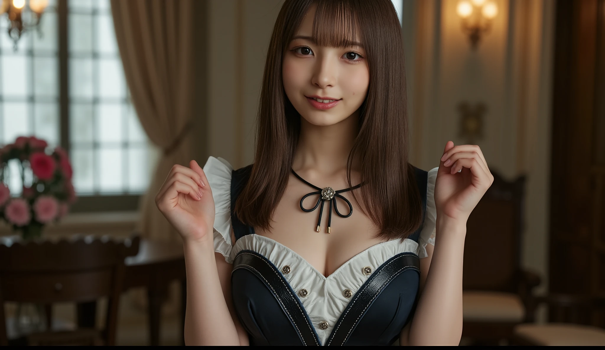 ((masterpiece, High resolution)), ((Thousands, crowd)), girl, group, clone, (( brown haired girl, blonde girl)), elegant, rich girl, Emotionless, Arms at sides, Straight spine, (((National costume))), Standing still, shoulder to shoulder, Same pose, The sisters are lined up in an orderly fashion, Many lines, crowd Shot, ((Black Choker, blue eyes, Very long eyelashes, bangs, Big Breasts, smile))，slim、lecture hall，ceremony、audience