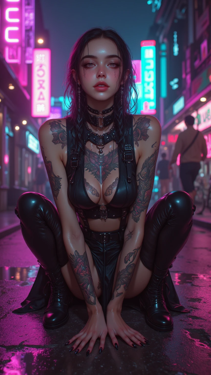 a woman in a pink bikini and black jacket sitting on the street, cyberpunk art style, cyberpunk 2 0 y. o model girl, hyper-realistic cyberpunk style, cyberpunk vibes, cyberpunk style , hyperrealistic, cyberpunk beautiful girl, cyberpunk art ultrarealistic 8k, cyberpunk girl, cyberpunk art, female cyberpunk anime girl, in cyberpunk style, cyberpunk judy alvarez, , naked