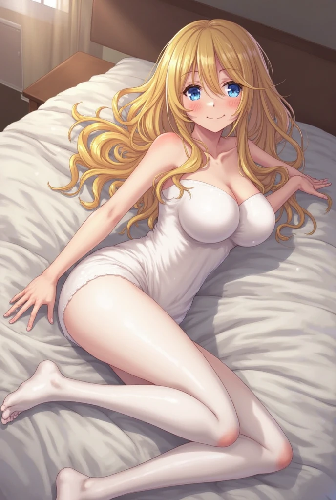 Masterpiece, Best Quality, Official Art, (Highly Detailed CG Unity 8k wallpaper), Detailed background, (Hands by Guido Daniele: 1.1), Feet out of frame, First person perspective, 1, Beautiful woman who is attractive and perfect, Lying on bed, Lying on her back on the bed, ((Wake up: 1.14))), (Nude, nsfw, White thighs: 1.12), (Blonde longhair: 1.12 (Ahoge: 1.13), (High Ponytail: 1.12), (Green Eyes: 1.13), Look at the Beholder, Big, (cleavage), Beautiful Face, (Blush: 1.11), (Smile: 1.11)