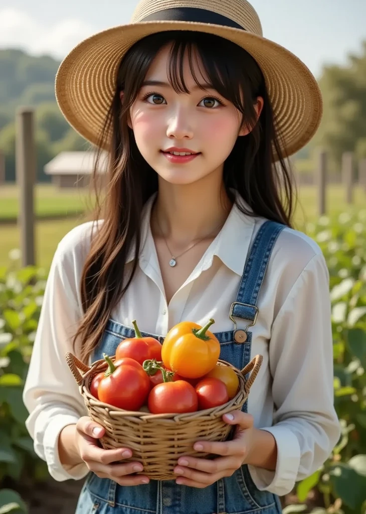 L Girl, Long hair, Round face, Big eyes, long white dress,Smiling, Basket with cherry tomatoes, Skirt blowing in the wind,early summer,Comics、 Park, golden leaves, forest panorama, front