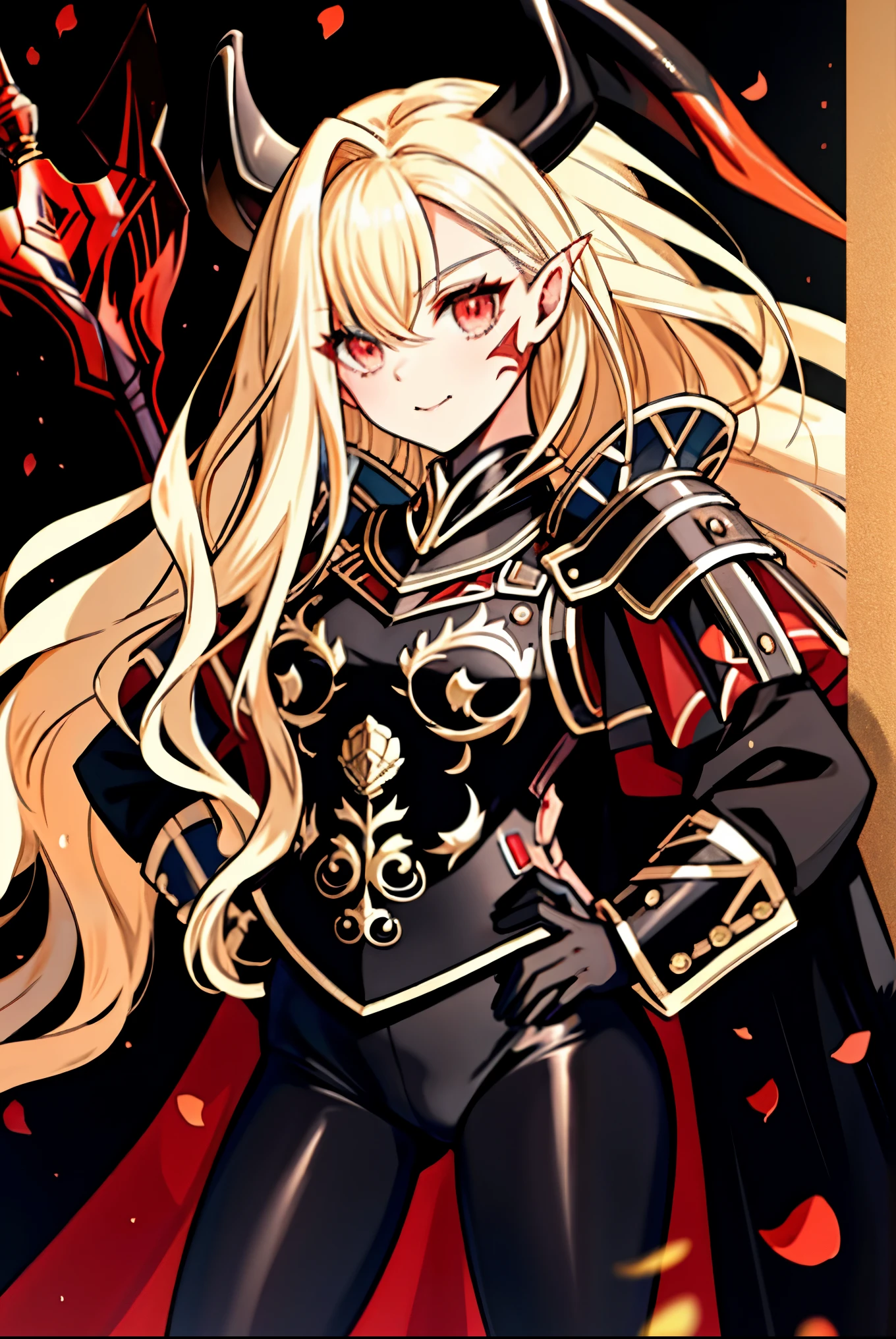 (very detailed CG), (best quality), Queen Draco, Queen DracoHead,sharp concentration in nude clothes, best quality, great quality, so beautiful, cover one eye with hair, cape, fur trim, horn,1 girl, perfect face, Abnormally long hair, Red Eyes, Bright Eyes , (beautiful eyes carefully drawn down to the smallest detail), shiny skin, shiny skin, wide hips, black pantyhose, Camel Toe, Scattering Rose Petals, queendraco,A big explosion behind me,Explosive Flame,dynamic pose,sparks,hold up a sword,smug face,hand on hip,