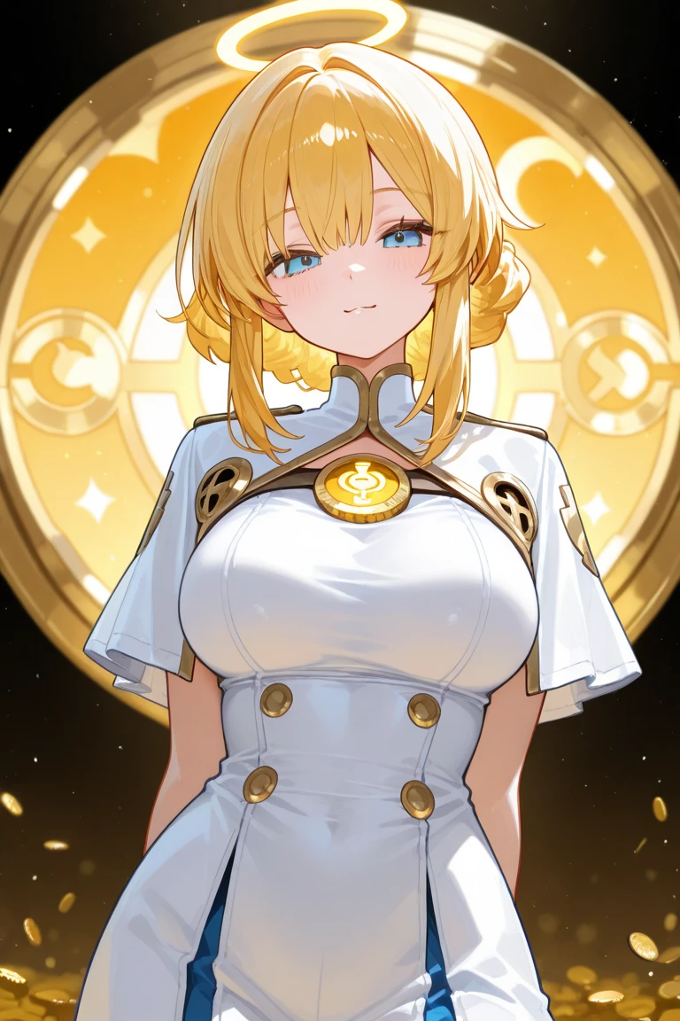 a beautiful detailed portrait of Kudelia Aina Bernstein from Gundam IBO, yellow blonde hair in single thigh-length braid, 1/4 walking right pose, viewing from slightly below, smirking facial expression, dress lifted revealing tight white thigh high boots and a glimpse of red thong underneath, round hips, highly detailed, intricate details, cinematic lighting, spaceship hangar Bay interior