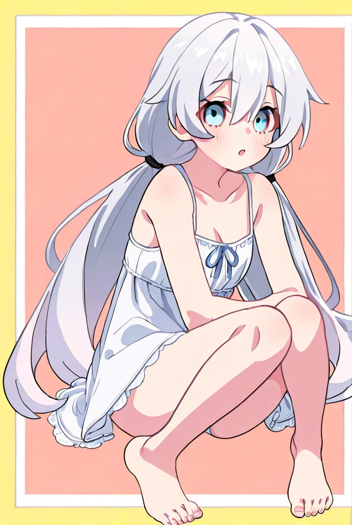 one girl, pure white, my sweet angel, naive, 13 years old, white dress, white hair, light blue eyes, lying on bed, sex, intercourse, pussy