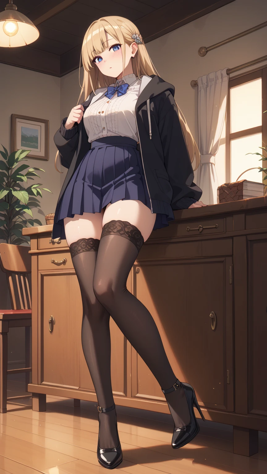 (masterpiece、Highly detailed 8K CG、Sharp lines)、Rem of Rezero、hi-school girl、blue hairs、cute little、serafuku、White underwear and dark blue skirt、skirt rift、panties on、skinny body、Thin leg、thighs thighs thighs thighs、Sexy poses showing anime style、Beautiful anime schoolgirl、A seductive anime girl、Smooth Anime CG Art、Beautiful anime schoolgirl、Beautiful anime girl、Long-sleeved sailor suit、Wearing a cardigan、Navy blue pleated mini skirt、autumnal、Colored leaves、Curve、No bra、(Lifting skirt、White lace panties visible:1.2)、thighs thighs thighs thighs、(Navel Ejection:0.4)、Dynamic Pose Beautiful and perfect legs, Clean and perfect hands、Straight short hair、One eye is hidden by bangs、Black pantyhose、Wear black stockings、White panties showing through black stockings、(Clearly visible detailed female pubic shape: 1.4)、very Bigger breasts、Colossal tits、Exposing all your boobs、Delicate body、Height 150cm、Thin leg、mournful smile、Wet panties、Wet pubic area、Clear liquid with high viscosity dripping from the pubic area、pink hairpin、fully body photo、Wear loafers