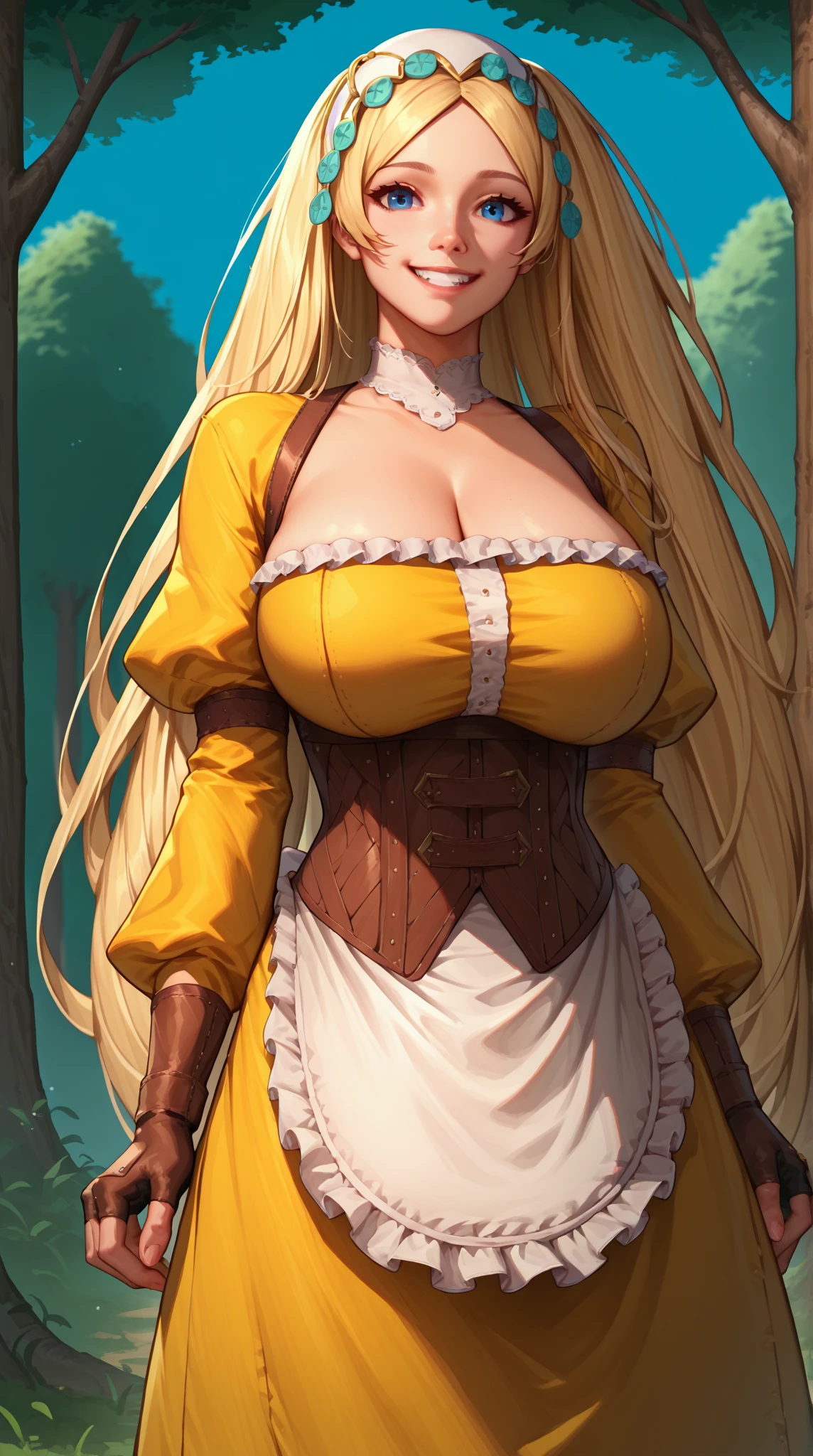 blonde Hachimiya Meguru with twintails, a very detailed face, blue eyes, a pink tight noble dress with very large breasts, a slim waist, slim hips, a very deep cleavage, golden necklaces and a golden choker, standing in a garden pouring tea in a cup.