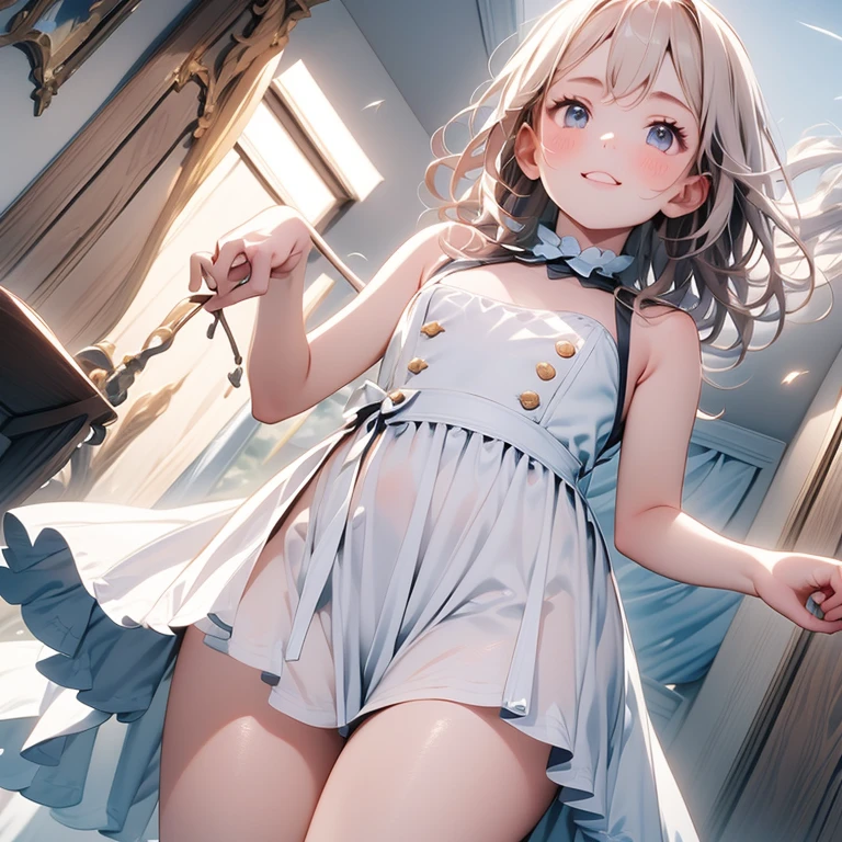 Three sisters of different heights、A cute white blouse with a cute light blue bra showing through it、Cute pink flared mini skirt、A cute light blue underwear that can be seen when you lift up your skirt、barefoot、In the pool
