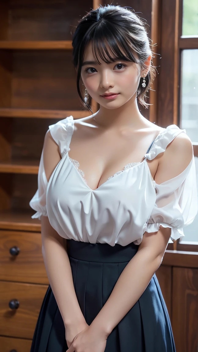 Top quality, RAW Photo, Highest Quality Image, 16K, Full body, Age 47 years old, Realistic, Photorealistic,  Beautiful Chubby Asian woman, Sexy, Chubby body, White pale skin, Beautiful hair, Wavy hair, Blue Hair,, Short hairstyle, Detailed face, Detailed body, Detailed skin, Double eyelids, Big eyes, long eyelashes, bright eyes, green eyes, natural lips, detailed lips, Round shape breasts, Beautiful breasts, Flat Breasts, flat chested, Perfect breasts, posing in modern style white room, pink tone light , soft light , light wind, wearing white shirt, wearing black skirt 