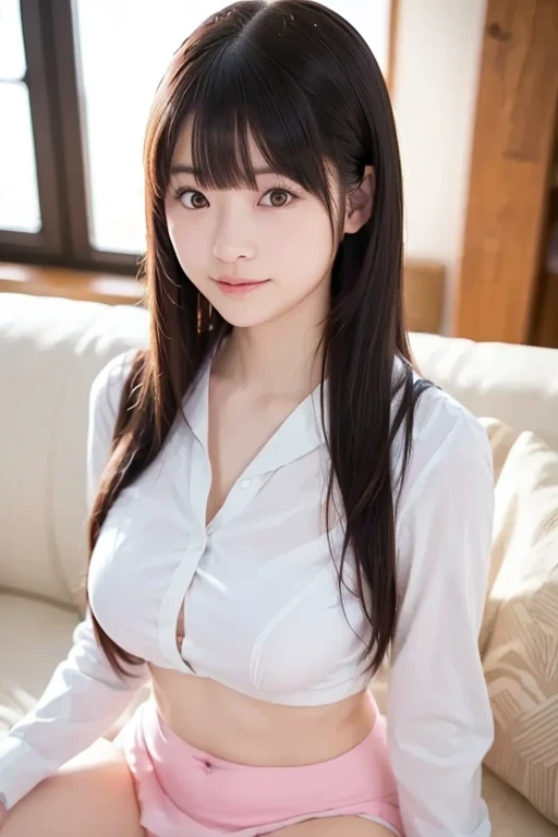 (ighly detailedなCGユニティ8k壁紙, masutepiece, Best Quality, Ultra-detailed), (Best Illumination, Best Shadow, extremely delicate and beautiful), Smile, rich greenery, Sunlight shines in, depth of fields, warm and inviting atmosphere.1920x1080、fukada kyoko、Smile、natta、Raw photography、(((Ultimate Beauty Portrait)))、((glistning skin))、女の子1人、bright expression、((Long black hair、Hair Nude))、(cleavage of the breast)、(flered skirt:1.5)、((Big eyes that shine like jewels))、open cardigan、Open your clothes、panthyhose、Glossy glossy skin、(Medium Hair)、(Silky Ponytail Hair)、(is standing)、(frombelow)、Under the skirt、(frombelow下着の接写)、eye liner、Beautiful bangs、Hair between the eyes、((​masterpiece、最hightquality、Ultra-detailed細、Film Light、intricate-detail、hight resolution、ighly detailed))、细致背景、8KUHD、Hair Nude、Soft light、hightquality、depth of fieldsは浅く、natural soft light、Kamimei、Lush bust、fukada kyoko