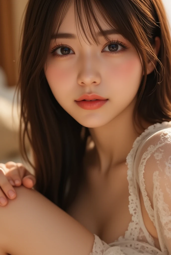 best quality, masterpiece, ultra high res, (photorealistic:1.4), RAW photo,1 girl,in bed,chest up,nsfw,nude,open mouth,blush,tongue out,