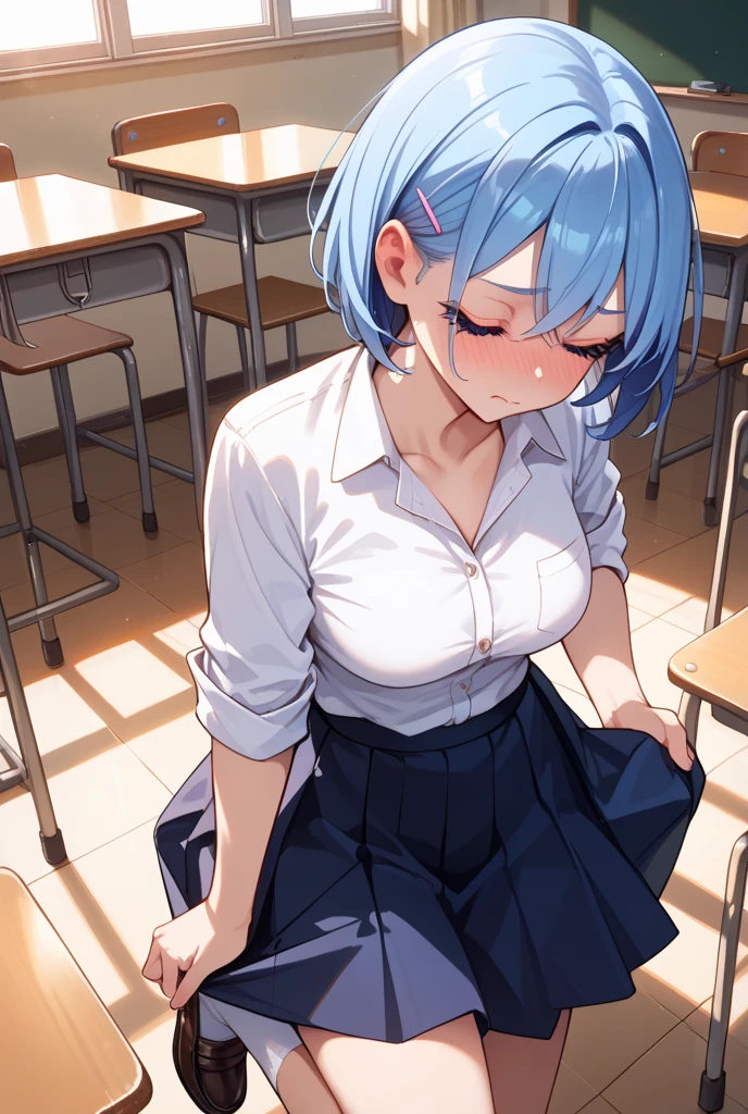 (Adolescent girl), Yuri (squatting side by side, legs apart, urinating, sweating, low-angle full body shot, looking down), Classroom (on desk), 2 girls, 6 years old and 6 years old) Same year, Same appearance, ( (child: 1.25), (baby face: 1.2), (small: 1.2), short limbs, NSFW, (, light blue hair, medium hair, braids, crying face, drooling, choker on head, white Blazer (with red pattern, naked from the waist down, clothes torn to pieces, pussy visible, pussy open from side to side with own hands), love juices, urination, anal juice, two girls squatting on a desk in a classroom. Open your legs and urinate (a large amount of pee from your crotch to the desk),