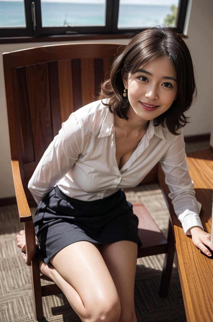 ((top-quality、8k、​masterpiece:1.3)), Crawling on all fours and sticking out your buttocks, long legged, foco nítido:1.2, Beautiful woman with perfect body shape:1.4, Slender Abs:1.1, ((short-cut、爆乳:1.2)), (Wearing a light pink business shirt, Wearing a dark blue tight skirt, Seductive huge breasts, Soft looking big buttocks, Slender and toned hips, Crawling on all fours and sticking out your buttocks:1.2), Highly detailed facial and skin texture, A detailed eye, 二重まぶた, a 25yo woman, Mature woman, Smiling expression