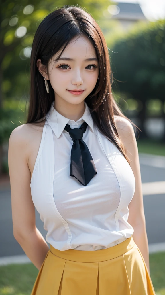 (Best quality, masterpiece, detailed), (RAW, 4k, hd images), 1 girl, 17 years old, white skin, long hair with ponytail, layers hair, bangs, black hair, beautiful girl, cute girl, sweet girl, pretty girl, perfect girl, perfect body, pretty eyes, glowing pale blue eyes, thin lips, (eye line, lip soft), perfect breast, glasses(detailed frame), detailed features of face design, simple background, smile, thigh, legs, long legs, formal shirt open button, black short skirt, cleavage, full body, standing on the middle camera, facing camera, ponytails