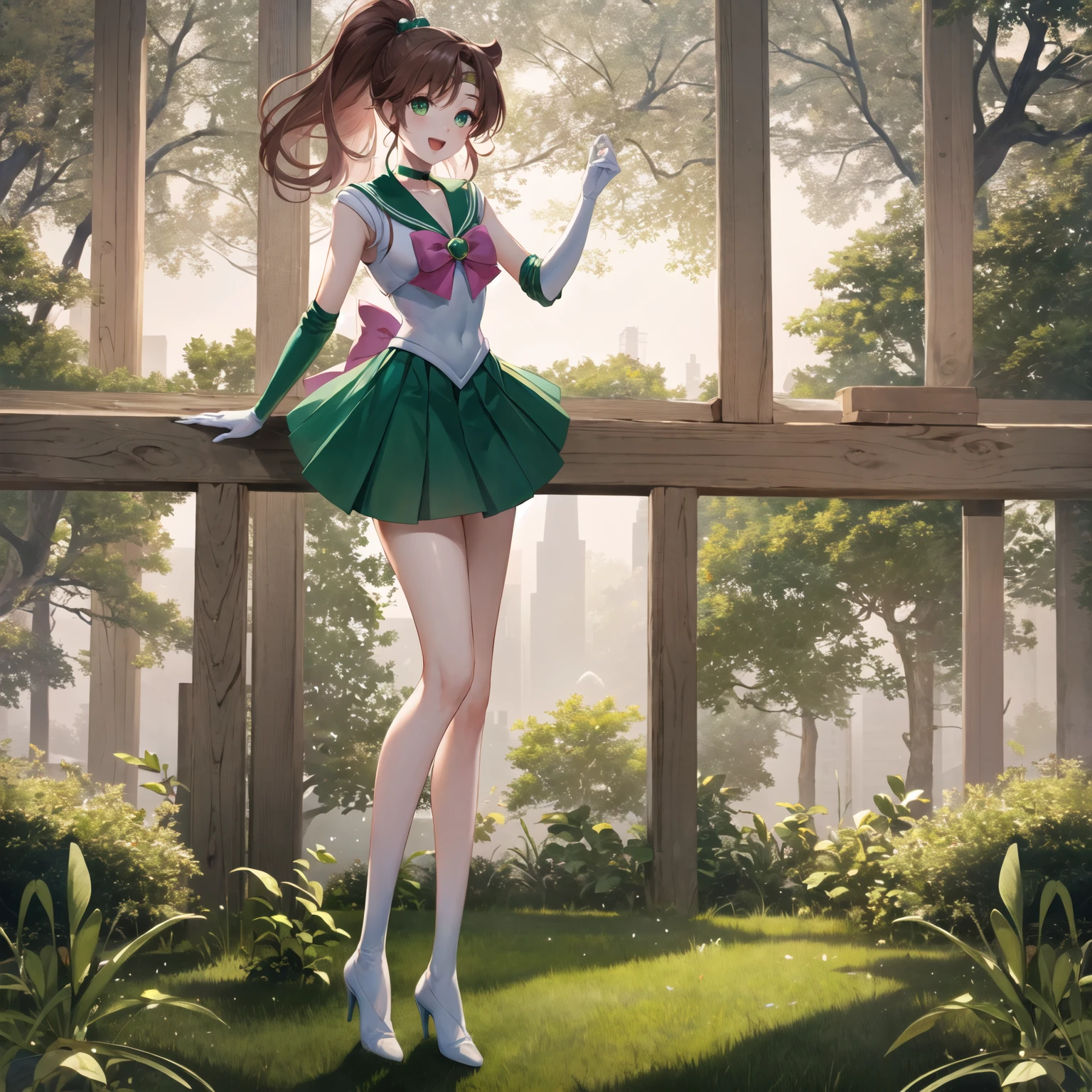 masterpiece, best quality, 1 girl, solo, hmjupiter, green eyes, ponytail, tiara, jewelry, sailor senshi uniform, green sailor collar, choker, elbow gloves, white gloves, pink bow, brooch, white leotard, green skirt, pleated skirt, looking through legs, full body,