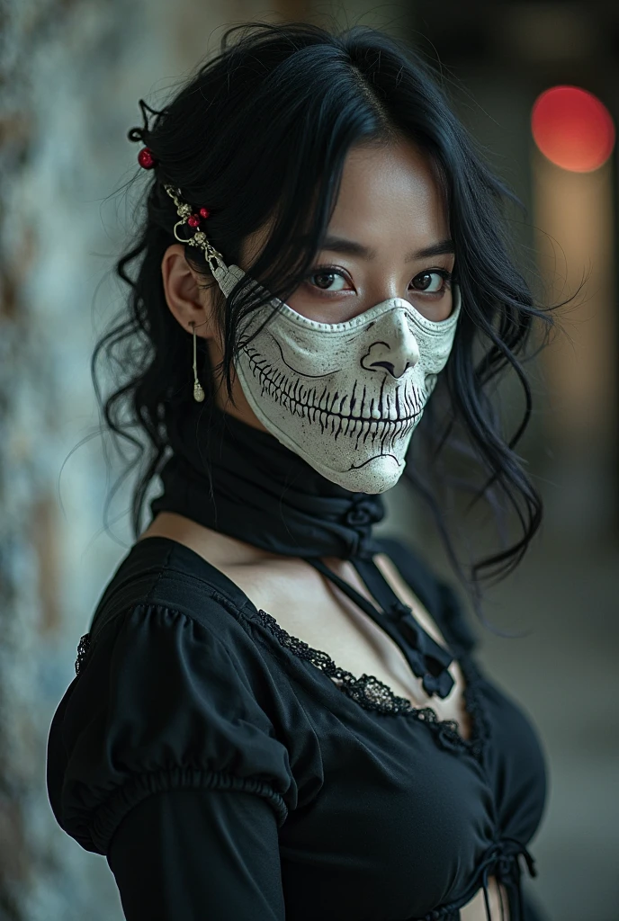 Long black hair coming out of the skeleton、Half of the face is missing skin、Mouth is avoiding、Covered in blood、Wearing a kimono 4k.Real、beautiful