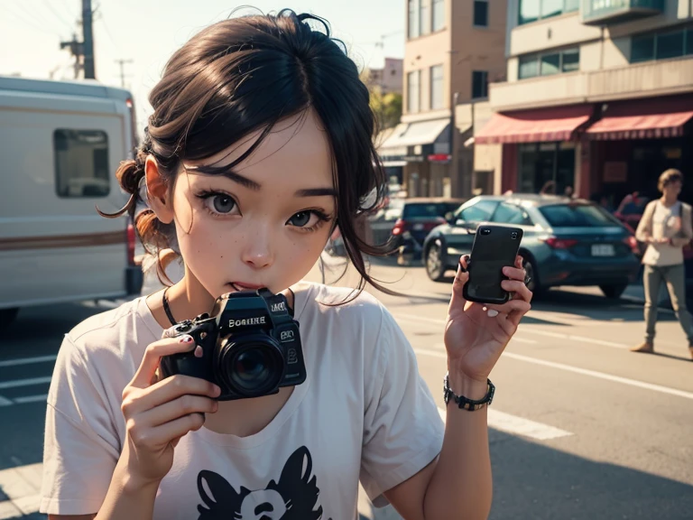 (masterpiece, best quality:1.3, fisheye), extremely high detailed, intricate, 8k, HDR, cinematic lighting, front pov ((street:1.4, bent over against pov, hands grabing viewer )), yuna, petite, slim waist, wide hips, narrow face, plump cheeks, small boobs, beautiful ocean blue eyes, looking at viewer, wearing a loose fitted ootd.