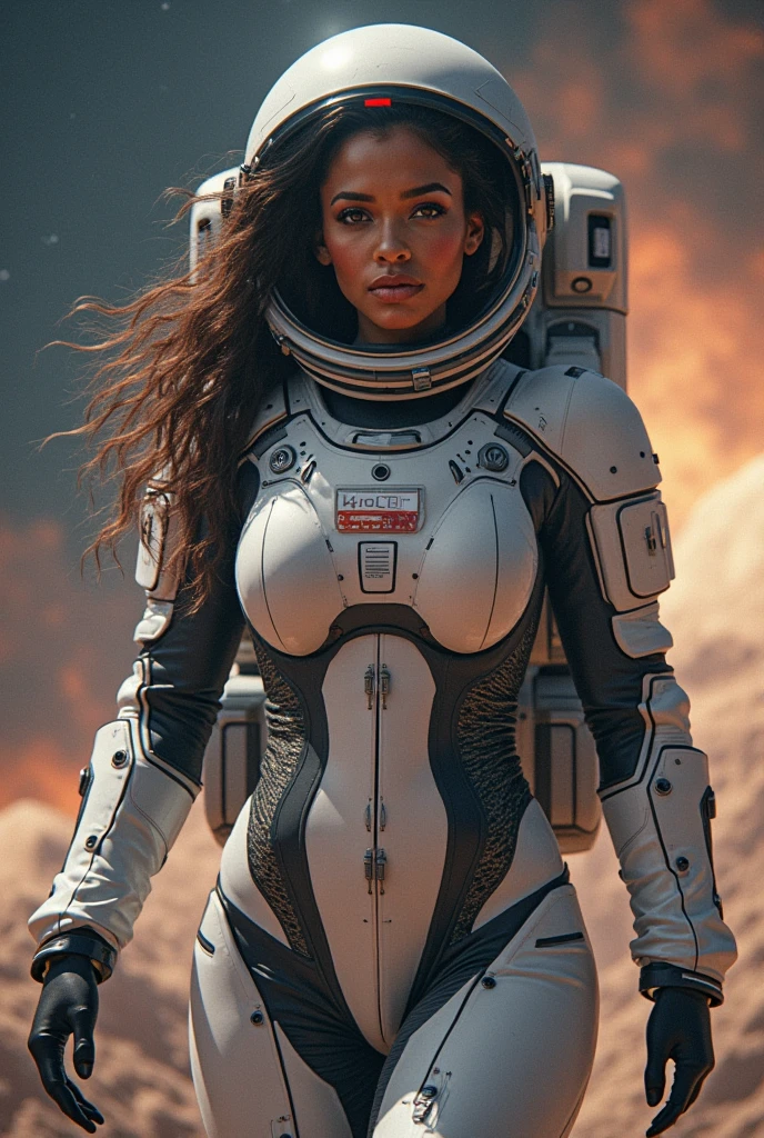 (Muscular:2), (thick thighs:1), (large round breasts:1), (large muscular chest and shoulders:1.4), FEMALE, brown hair, long brown hair, (big smile:0), (wearing a tight white spacesuit:1.5), looking at viewer, (three quarter view:1.2), upper body view, (smoky forest at night:1.5), dark lighting, detailed skin, detailed eyes, (dark skin:1.4), (very thin waist:1.3), (huge round muscles:1.5),