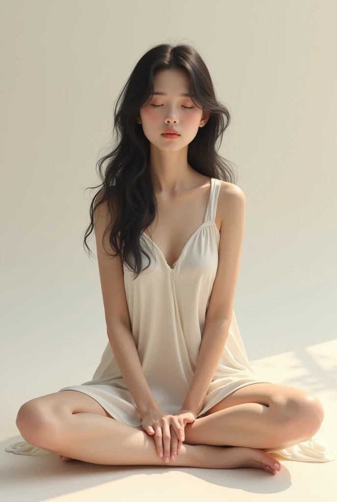 A woman with a skin tone similar to an Indian woman, with long, straight, brown hair, in a meditation position with her eyes closed and her hands in a prayer position. She is wearing a light purple (lilac) and lightweight dress. The image should be a full-body shot in a meditation position, very realistic, in an all-white temple with a white floor, white stone walls, white ceiling, and white columns.