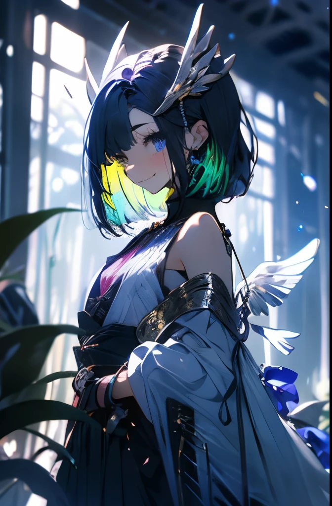 ((masterpiece)), (((HDR))), ((best quality)), (ultra high quality), (hi-res), ((absurdres)), ((1man)), (arjuna alter (fate)), arjuna alter - third ascen (fate):1.3), ((short black hair)), ((black shirt, sleeveless, blue capelet, neck ring, jewelry, armlet, golden gauntlets, white gloves, tattoo, short blue horns)), perfect body, perfect anatomy, long legs, (((thigh gap))), (smile), cute, facing camera, (sitting), ((looking up at camera)), ((dynamic)), in a field, outside, daytime, additional lighting, sunlight on face, noon, bright sun, birds