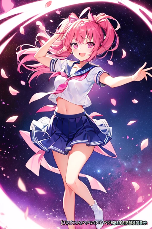 (((Panty shot)))、mini skirt、(((Rainbow Magical Girl Costume))、Beauty、Purple Hair Ponytail、((whole body))、(((photo taken from below)))、night sky