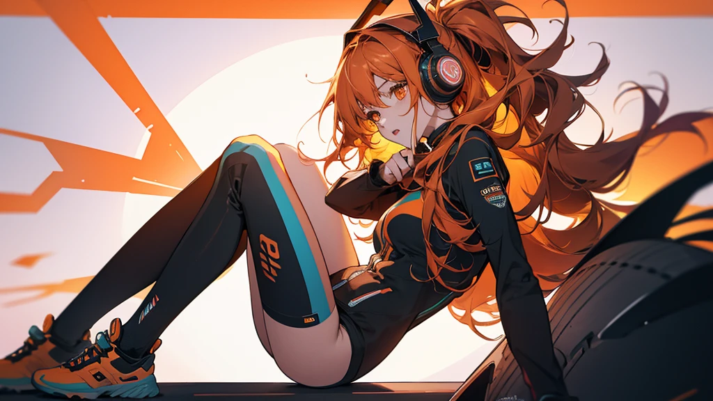 girl,15 years old,Orange long hair,earphone,Very thin,thin legs,Inside music studio,Play the electronic keyboard,Waist-baring coat,miniskirt,Bare legs,The legs are very thin,vague abdominal muscles,The waist is thin