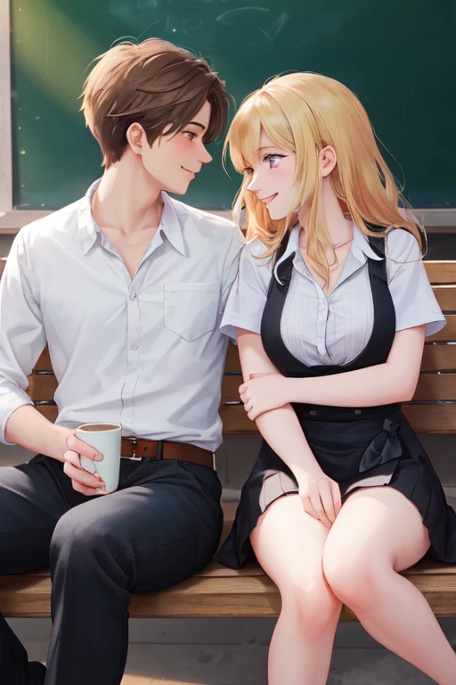 tabletop，best qualityer，High details，1 boys，1ガール，girl with long hair and big breasts，The girl is wearing a pleated skirt with a white shirt，girl with black socks，1 boys，blond man，men have muscles，the man seemed more intense，that boy looks very handsome，handsome man、handsome shape、A boy touches a girl&#39;s breast，Girls are short，The boy is tall，Reflects the height difference between boys and girls，The height is 140 cm，A boy&#39;s height is 195 cm，A boy hugging one from the back，sit on a bed，The girls are thin，super gigantic chest