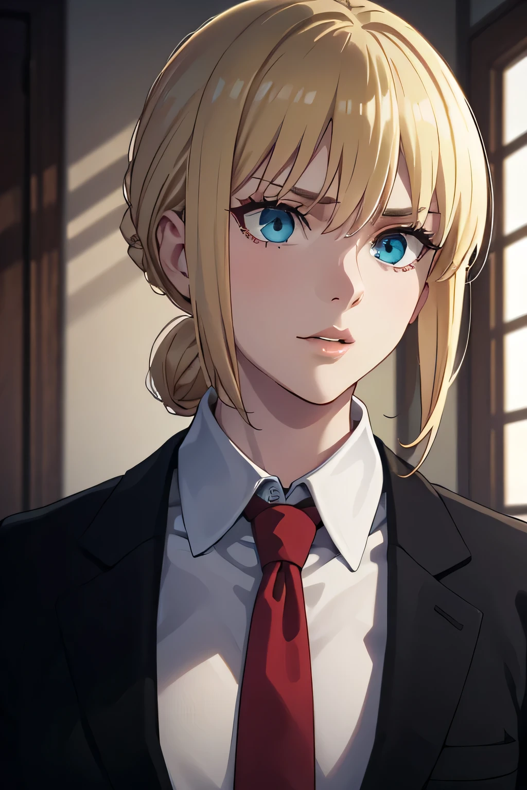 25 year old woman, Russian, government hitman, wearing a white shirt, wearing a black blazer, wearing a red tie, messy bun hairstyle, blonde hair color, blue eye color, thin lips, sharp eyes, fierce, bitchy, facing forward, looking forward, half body, hd