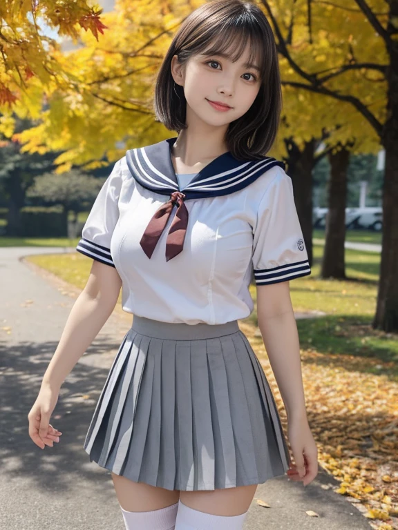 8K, Ultra-high resolution, Highest quality, masterpiece, 三分割法によるphotograph,Surreal, photograph, 1 Girl, (16 years old:1.3), cute女の子, cute顔, Beautiful eyes in every detail, 細かくdetailedに,masterpiece,, One Girl:1.2, Japan Female Announcer,whole body,Bright lighting,One Girl,(cute:1.2),Perfect glowing skin,Perfect Skin,((Sailor suit)),((Short sleeve uniform white shirt)),(Red tie),(Blue mini pleated skirt),(((Roll up the skirt yourself))),(Lifted it himself),(Showing panties),Wearing panties,(Black knee socks),(Loafer shoes), Daytime,,A carefree smile,Heal the heart,Black Hair,Short Bob,Looking at the audience、beauty,Long neck、Laugh a little、Please close your mouth and laugh、(((Ideal body type))),A cup small breasts :2,、Portraiture:2、Perfect Anatomy、鮮明なdetailed、detailed、Surreal、Light and shadow,Strong light