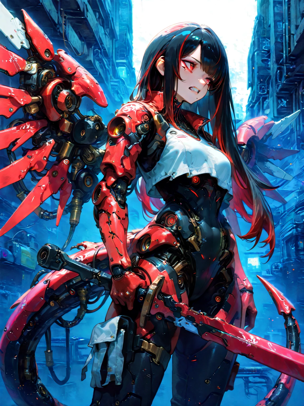 1 girl, high resolution, anatomically correct, best quality, hair with black red highlights long hair, clench your teeth, stares,look, red eyes, cyberpunk,Machine Wings,Sacred Pattern,Tail of the machine,Red body,mechanic body, large sword with big engine,hold sword, 