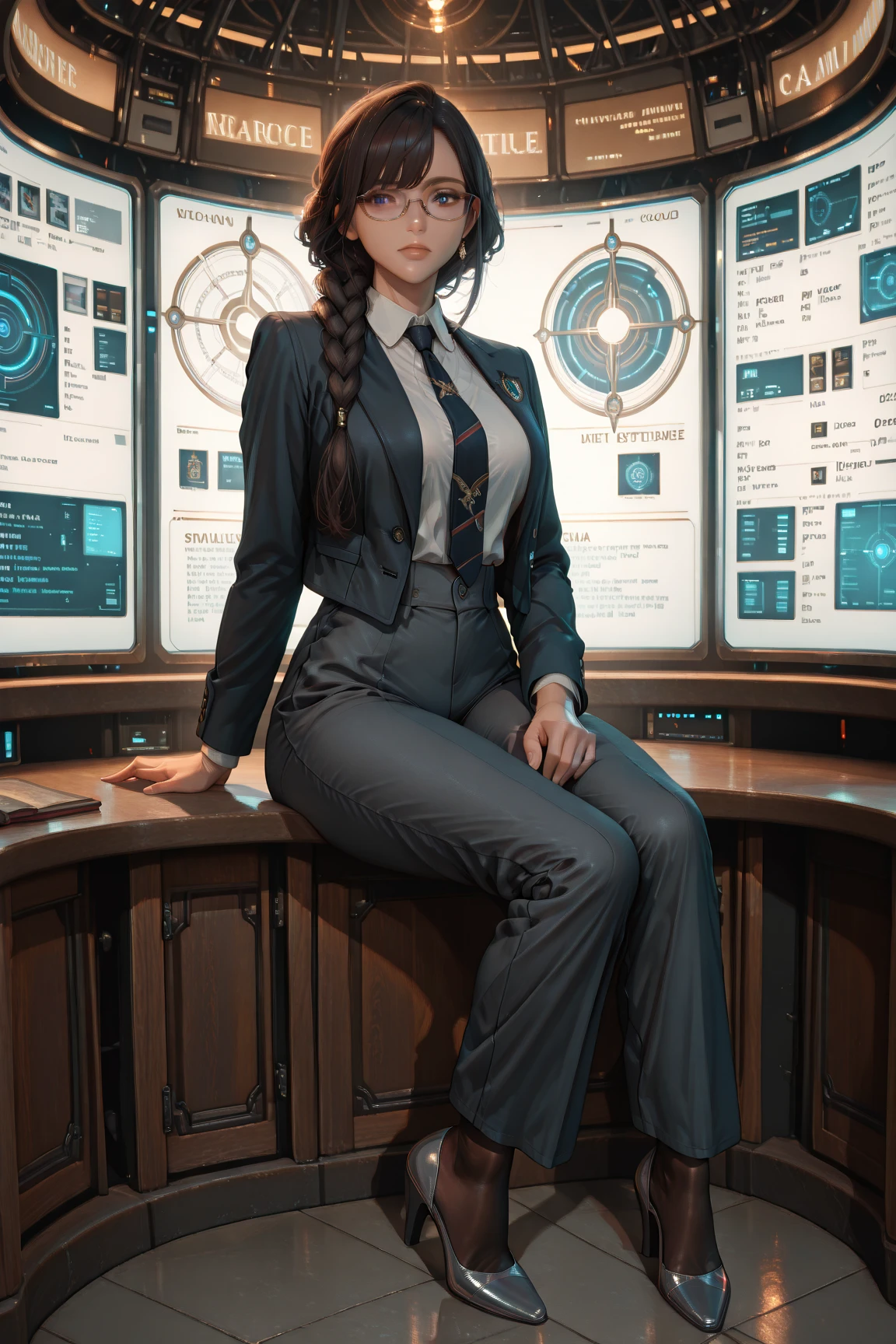 Best quality, realistic, realistic, award-winning illustration, (complicated detail: 1.2), (fine detail), (complicated detail), (cinematic lights, best quality backlight), sharp lines, sharp focus, official art, unit 8k wallpaper, absurd, unbelievably absurd, huge file size, futuristic doctor, beautiful, she wears a white polo shirt, jacket, medium skirt, her hair is black and curly, She's got a serious squeeze, she wears a metal-framed glasses, she's inside a spaceship, horror and suspense setting --auto --s2