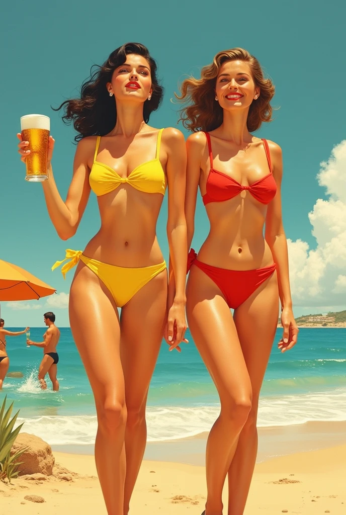 ((2heads)), sunbathing, beautiful woman, 47 years old, italian, Brazilian, realistic, sunny, noon,photography, wearing a tiny colorful speedo, topless, on the beach in a resort in cancun,, holding a fruity drink, smiling,rosy cheeks, stunning, wide hips