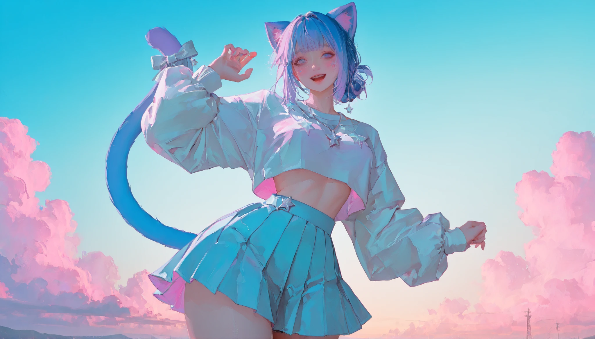 solo, 1 girl, a cute and curvy anime girl with big round teal-blue eyes, long sky-blue twin-tail hair tied with ribbons, featuring soft purple and deep blue highlights. Her face is adorable and expressive, with a sweet smile and slightly flushed cheeks. She wearing a pastel-colored crop top with puffy sleeves, a short pleated skirt with cute details like star charms and bows, large bust, narrow waist, wide hips, and thick thighs. She poses cheerfully, exuding bubbly energy and charm. Soft lighting, vibrant colors, high-detail anime art style,cute background
